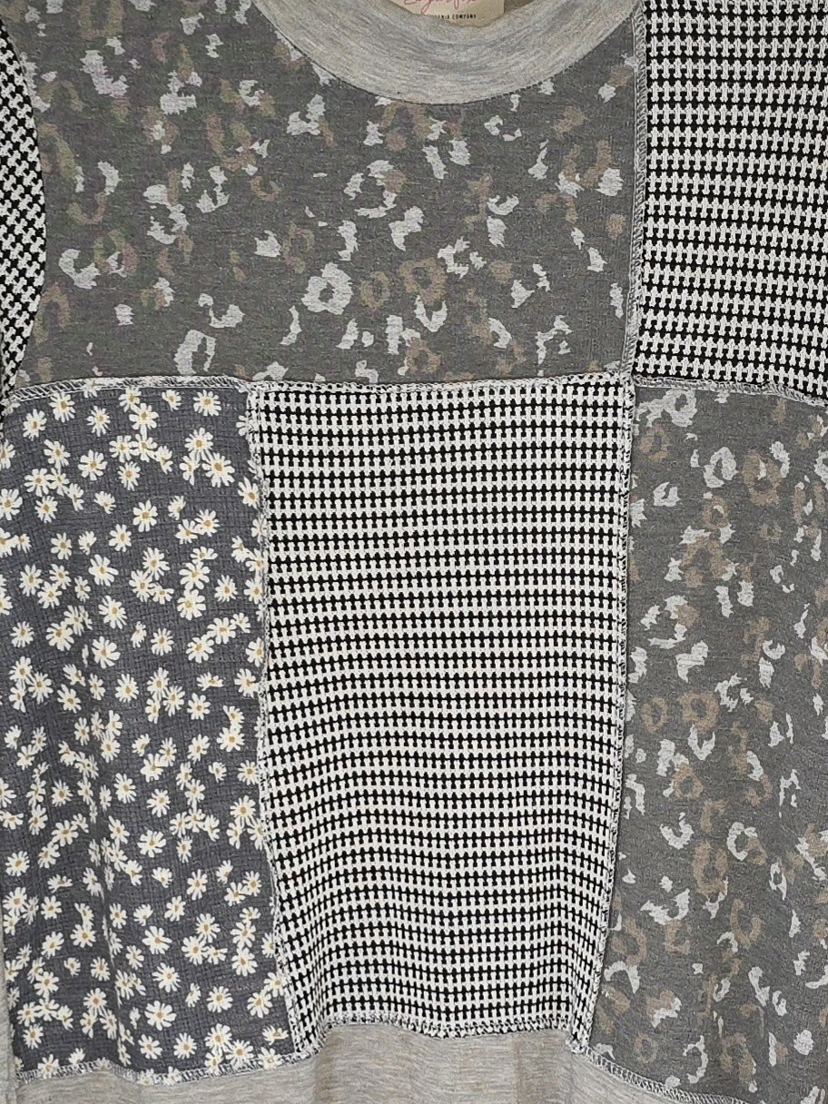 Sugarfox Womens Lightweight Long Sleeve Gray Patchwork Top Pullover Sz S