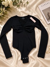 Women s Black Long Sleeve V-Neck Ruched Front Snap Closure Bodysuit Size M