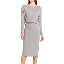 BCBGMAXAZRIA Laheld Bodycon Gray Draped Minimalist Boat Neck Midi Dress Womens M