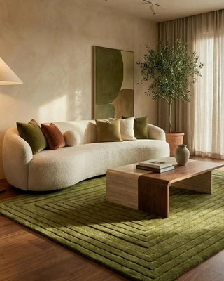 Olive Green Hand Tufted Rug Bordered pattern, Handmade Wool Rug, Contemporary