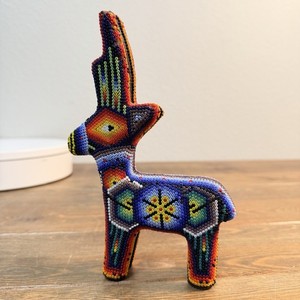 HUICHOL 7" Carved Wood BEADED Deer Elk Horse Mexican Folk Art Figure