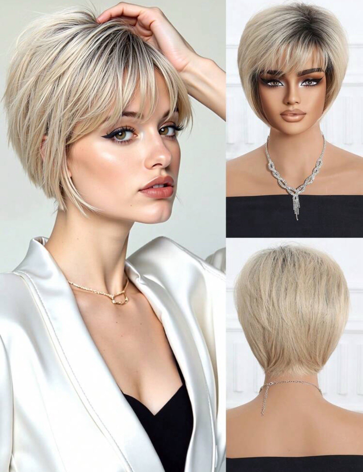 Perruque pixie synthétique lise effet racines naturelles pour un volume parfait
