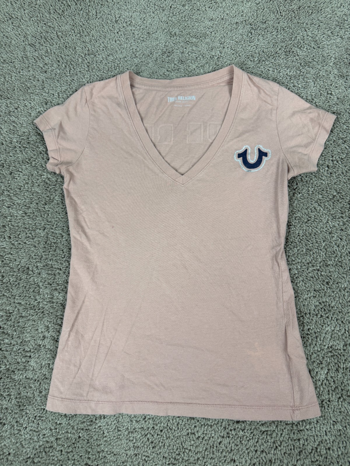 True Religion Shirt Womens Extra Small Pink Black Glitter Logo V Neck Tee