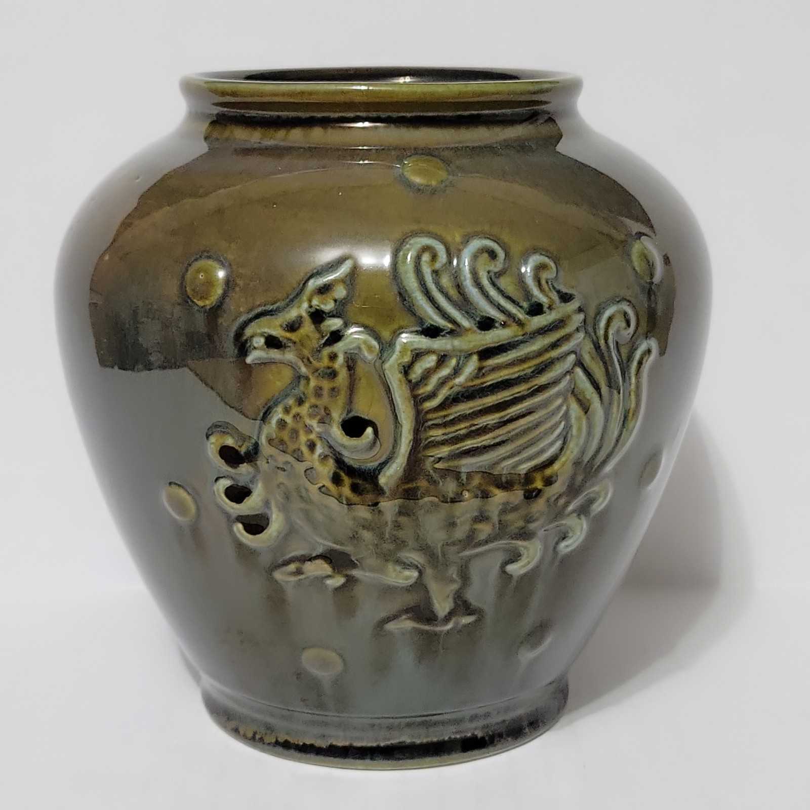 Vintage Hyalyn Pottery Hickory NC Green & Blue Drip Glaze Dragon 6