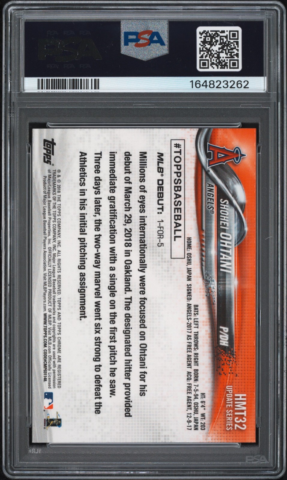 2018 TOPPS CHROME UPDATE #HMT32 SHOHEI OHTANI ROOKIE RC PSA 9 view 2