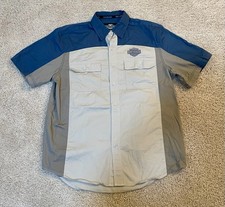 Mechanic Button Down Harley Davison Patches Shirt Size Large Blue Tan Brown