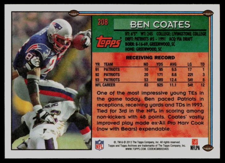 2013 Topps Archives #208 Ben Coates New England Patriots - Image 2 of 2