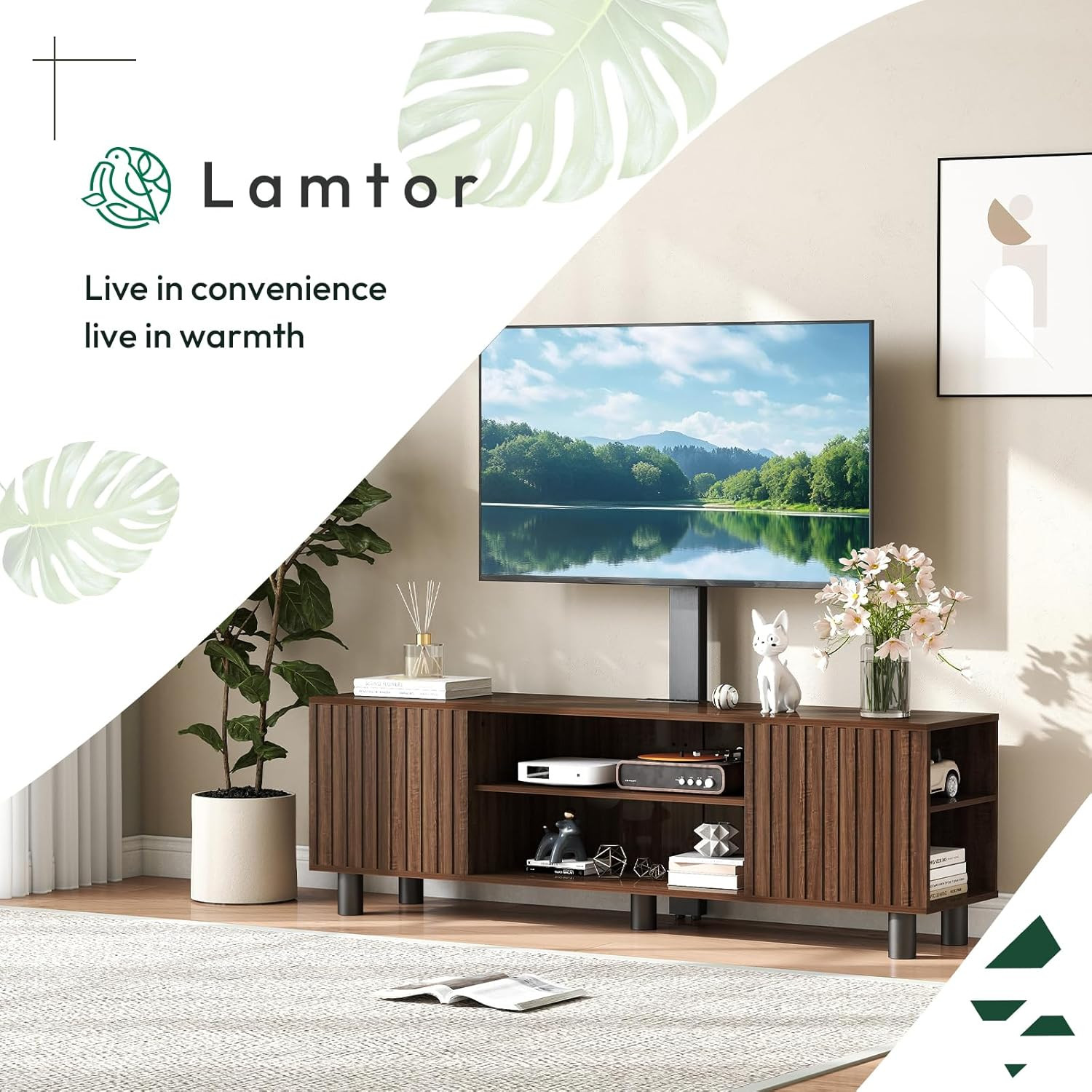 Walnut TV Stand with Mount & Power Outlet for 65-75 Inch TVs, Storage Console