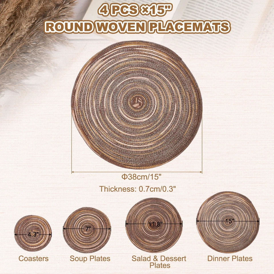 4 Pcs Round Woven Placemats, 15" Braided Placemat, Gradient Brown Foto 2 de 4