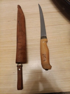 J. Marttiini Finland Fish Filet Knife Leather Sheath Signed Blade