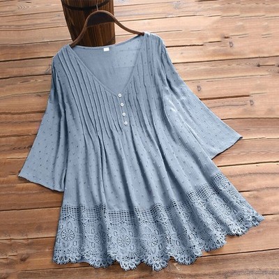 Damen V-Ausschnitt Jaquard Bluse Hemd Longshirt Langarm T-Shirt Tunika Oberteil