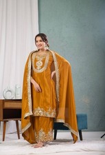 Stunning Chinon Silk Mustard Yellow Salwar Kameez With Dupatta For Festival Wear