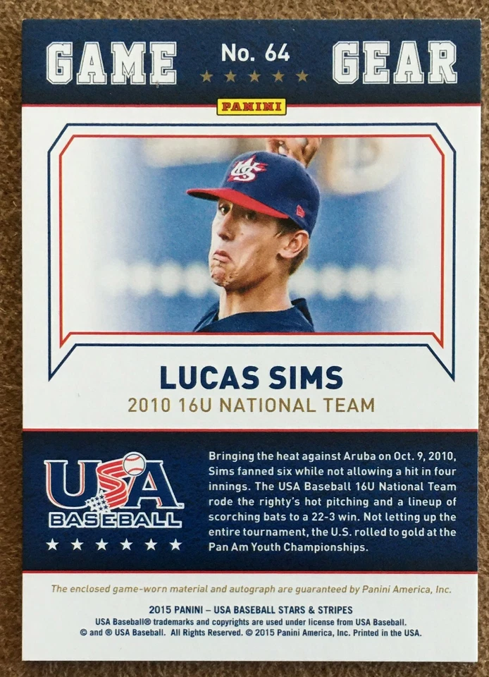 Lucas Sims 2015 USA Stars & Stripes Game Gear Autograph Jersey Longevity #64 /49 - Image 2 of 2