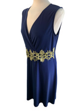 Blue Body Flirt Evening Cocktail Dress Navy with Gold Embroidery ~ Medium