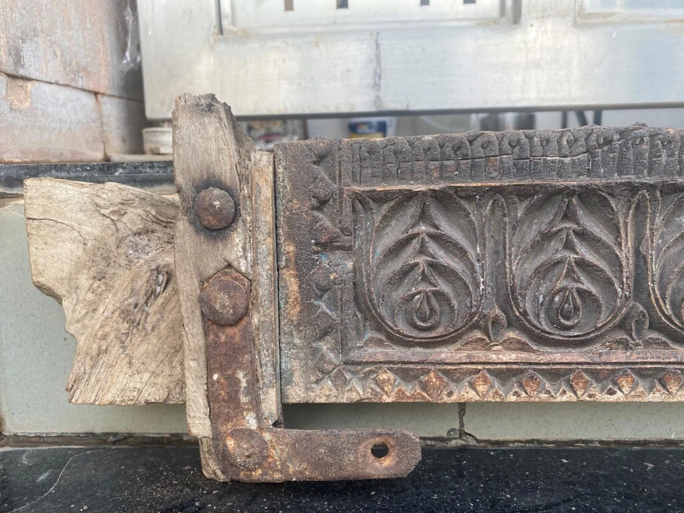 Panel de pared frontal de puerta floral fino raro tallado a mano de madera antiguo Foto 4 de 4