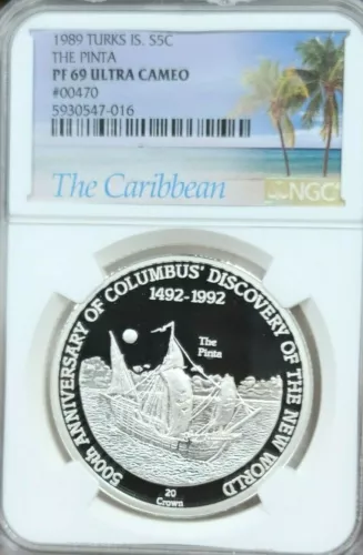 1989 TURKS & CAICOS SILVER 20 CROWNS THE PINTA NGC PF 69 ULTRA CAMEO TOP POP