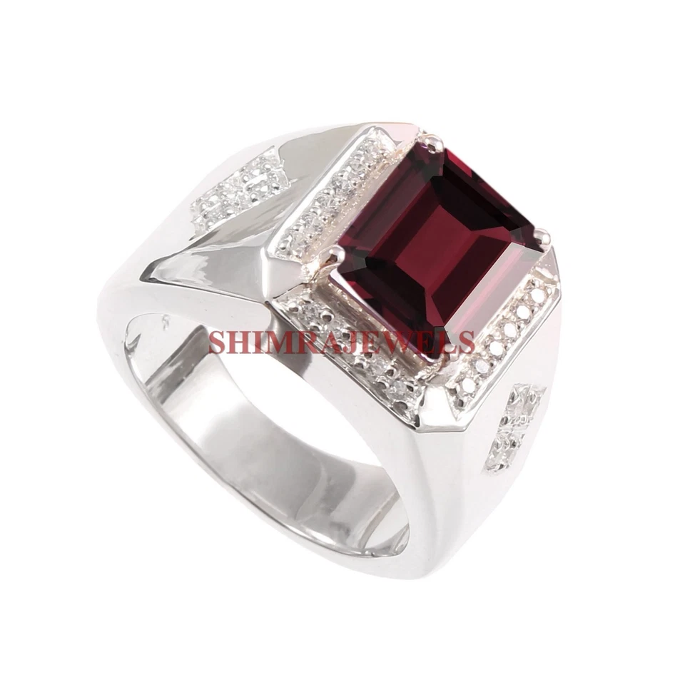 Piedra preciosa granate natural con anillo de plata enchapado en oro blanco de 14K para hombre #511 Foto 3 de 4