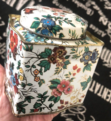 Vtg DANER ENGLAND Calico Floral Square Curved TIN Litho BOX Tea Canister Pink