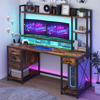 LED Gaming Desk Computer Desk with File Drawer & Power Outlets & Storage Shelves