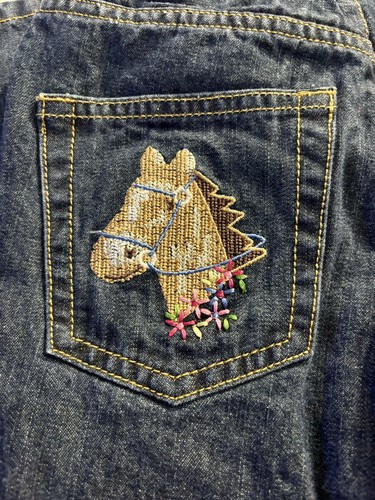 Lands End girls jeans size 7 adjustable button waist horse Embroidery NWT - Picture 3 of 7