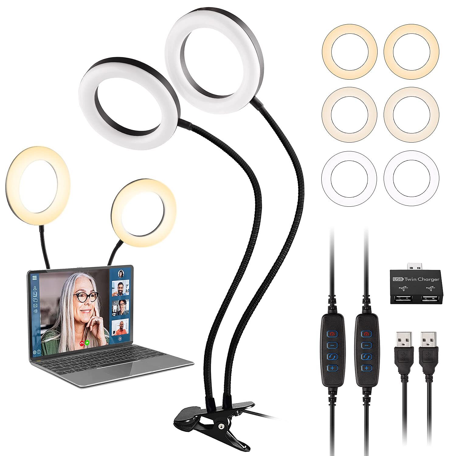 Dual Ring Light for Laptop, Computer, 6 inch Desk Circle Light with Flexible ...