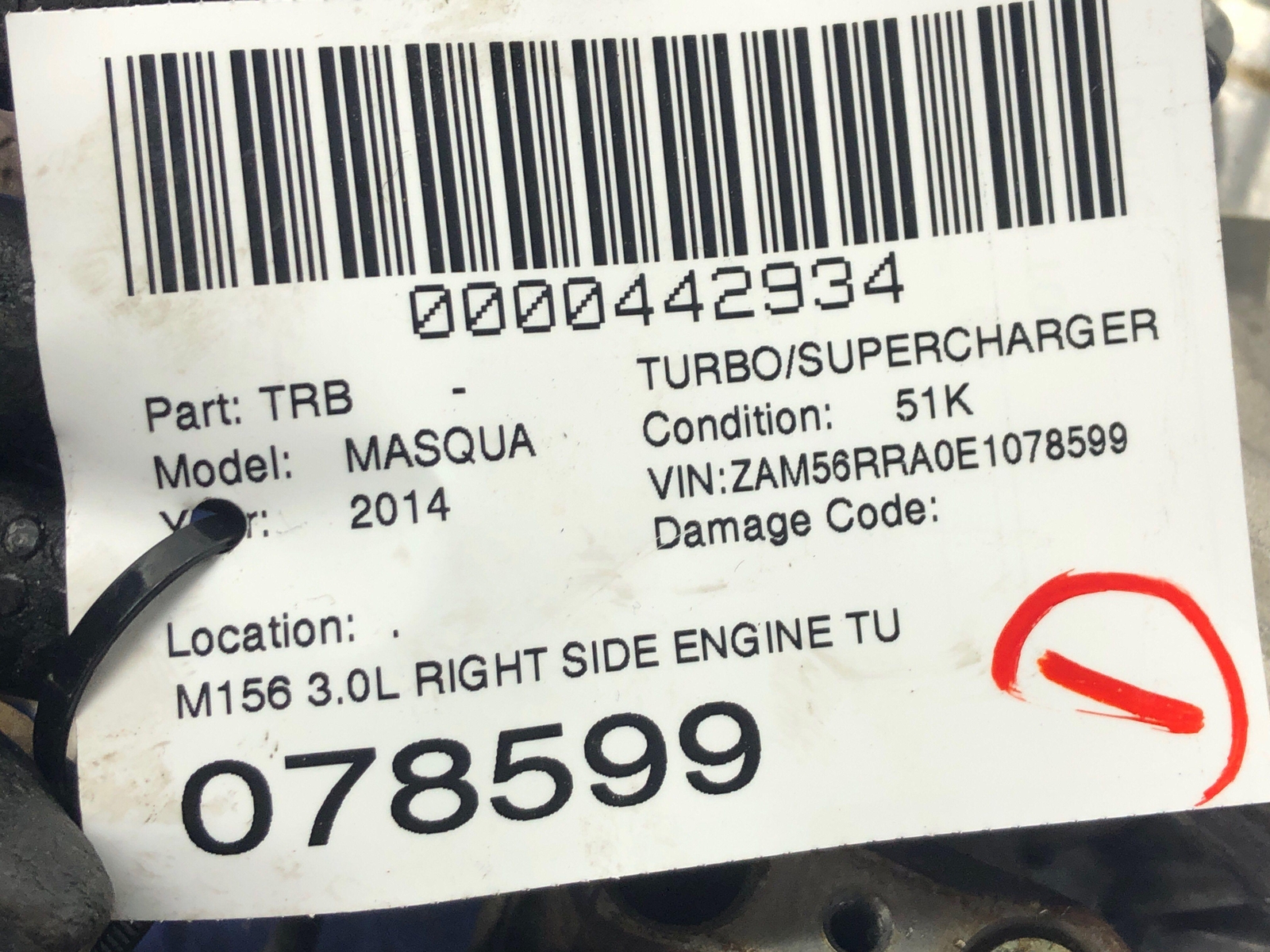 2014-2021 MASERATI QUATTROPORTE 3.0L RIGHT SIDE ENGINE TURBOCHARGER TURBO 299710