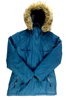 Merrell Xdry Waterproof Parka Coat Fur Hood Women's Size S Small Blue Select Dry