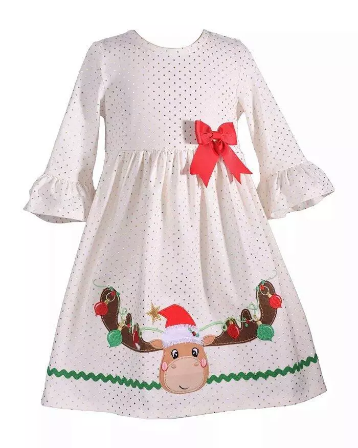 BONNIE JEAN Little Girl s 6X Foil Dot Reindeer Applique Christmas Dress NWT 68