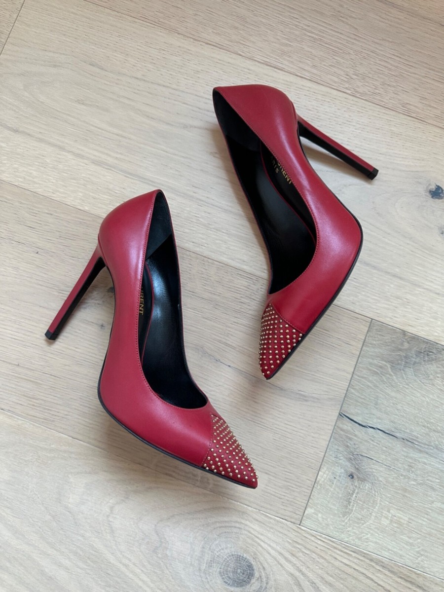 Auth Saint Laurent Red Leather Pumps Gold Studded Toe Heels