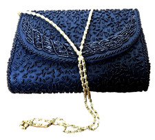 VTG Beaded Black Evening Bag Clutch Purse Gold Chain Hand Made Walborg Belgium