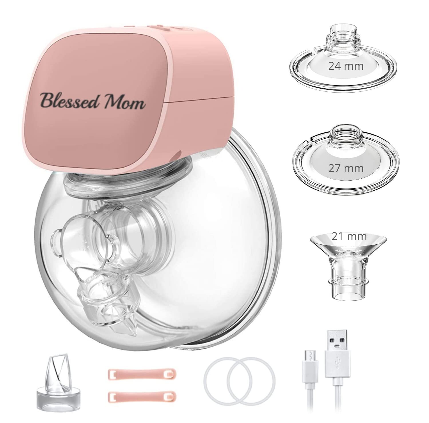 Portable Hands-Free Wearable Breast Pump with 3 Flange Sizes 27mm 24mm 21mm in Pink-image