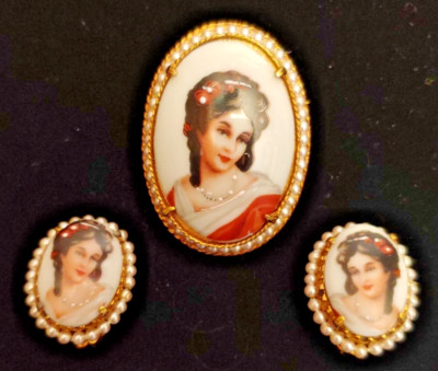 Florenza Painted Porcelain Signed France Limoges Cameo Pendant Earrings Demi
