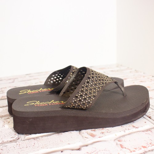 Skechers Yoga Foam Womens 9 Wedge Thong Jewel Platform Brown Flip Flop Sandals - Picture 5 of 7