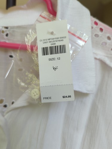 JUSTICE Sz 12 White Cotton Tie Waist Versatile Button-down Shirt Eyelets - Picture 3 of 10