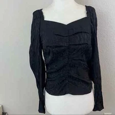 H&M Black Moire Fabric Long Mutton Sleeve Top Ruched Elasticized Back Size 8 NWT
