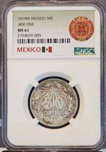1919 MEXICO SILVER 50 CENTAVOS .800 FINE NGC MS 61 SCARCE NICE COIN