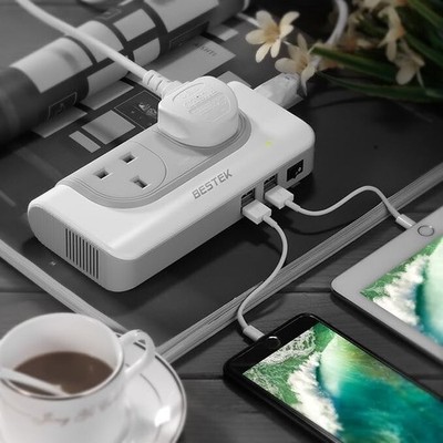 Bestek 200W UK Netzteil mit 4 USB Ports Grau Step-Up Trafo