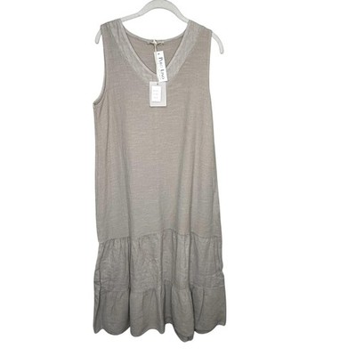 NWT Francesca Bettini Dress Womens Medium Sand Linen Midi Ruffle Swing Italy