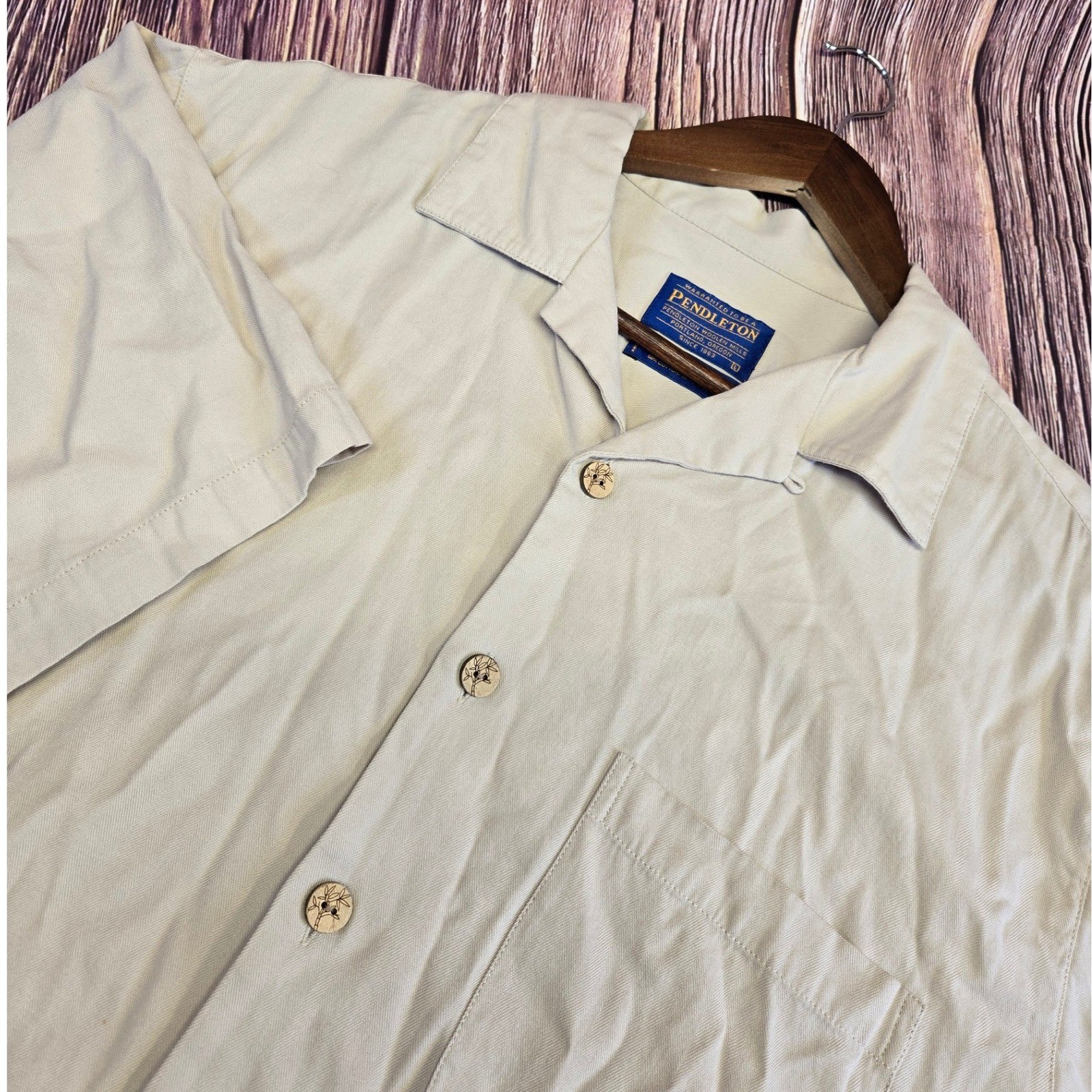 Pendleton Mens Bamboo Cotton Herringbone Camp Shirt Khaki Tan Short Sleeve L
