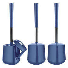 3-Piece Toilet Brush and Holder Bath Accessory Set in Dark Blue, Self Closing Li