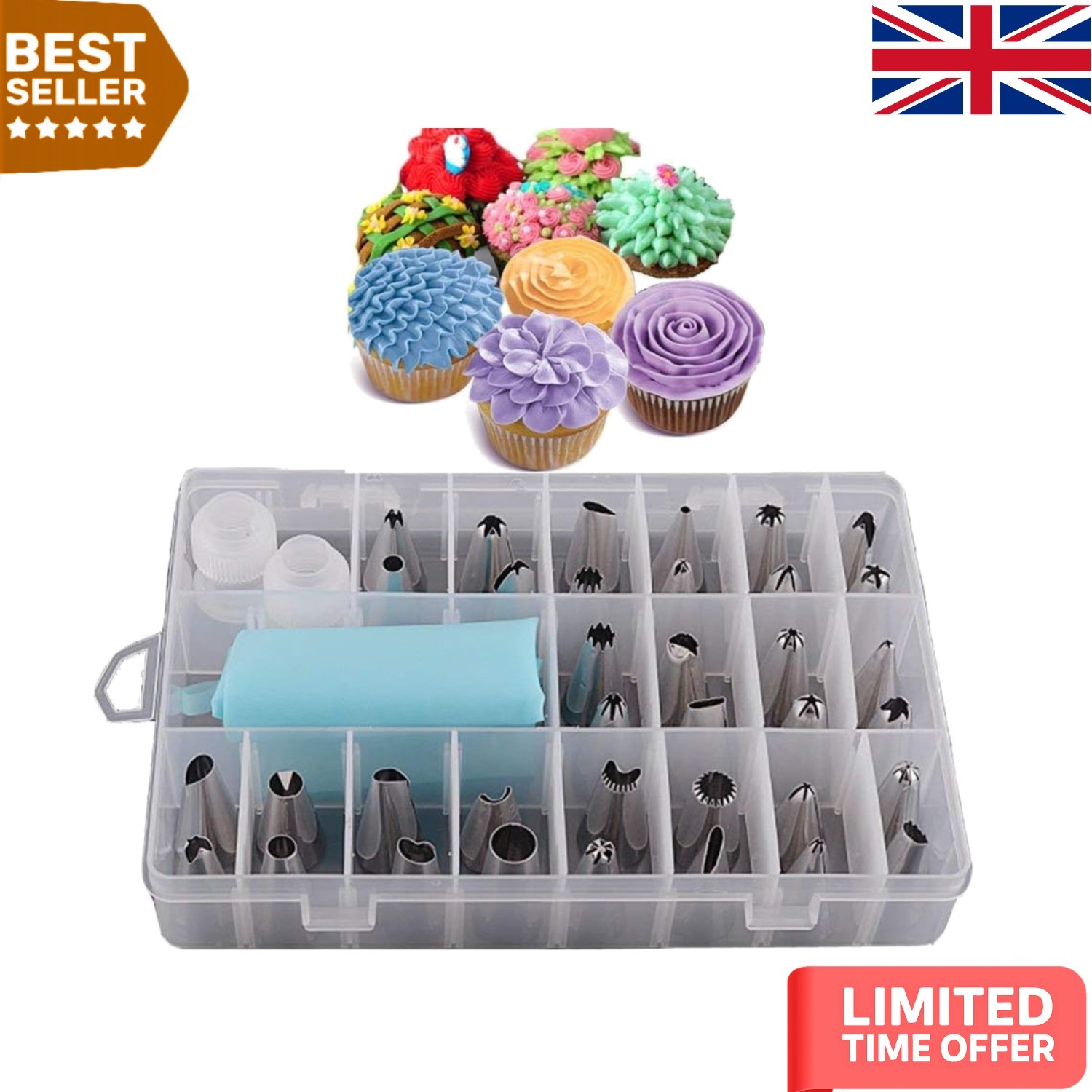 34-Piece Flower Piping Nozzles Set with Reusable Silicone Bags - Easy Clean
