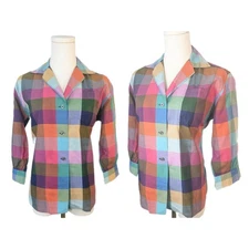 Lady Hathaway 1950's Madras rainbow button front blouse, vintage check shirt