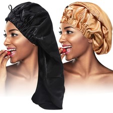 2PCS Satin Hair Braid Bonnet, Extra Long Foldable Bonnet Large, Black khaki