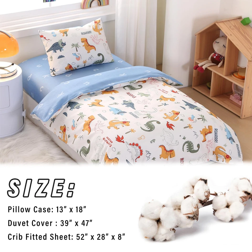 Juego de cama para bebé estampado de dinosaurios, 3 piezas ropa de cama de cuna de algodón suave transpirable... Foto 2 de 4