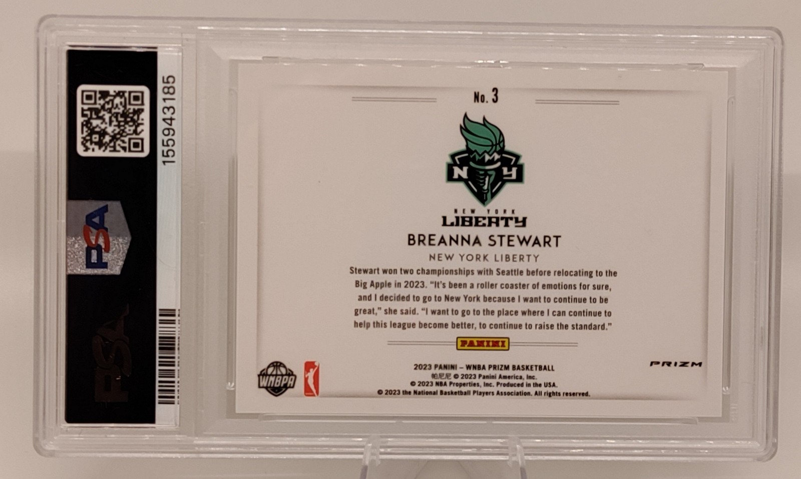 2023 Panini Prizm WNBA Breanna Stewart Color Blast #3 PSA 7 view 2