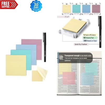 Versatile 4-Pack Transparent Sticky Notes, 200 Sheets & Quick-Dry Pen Included