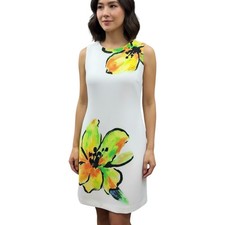 Lauren Ralph Lauren Dress 12P White Floral Shift Sleeveless Lined Stretch Career