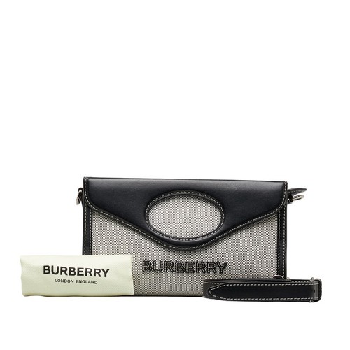 BURBERRY Logo Horseferry Handbag Shoulder Bag 2WAY Gray Black Cotton Canvas Leat
