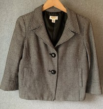 VTG Talbots Petites Wool Houndstooth Jacket Cropped Blazer Black White Academia