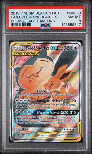 2019 POKEMON SM BLACK STAR PROMO TAG TEAM TINS FULL ART/EEVEE & SNORLAX GX PSA 8
